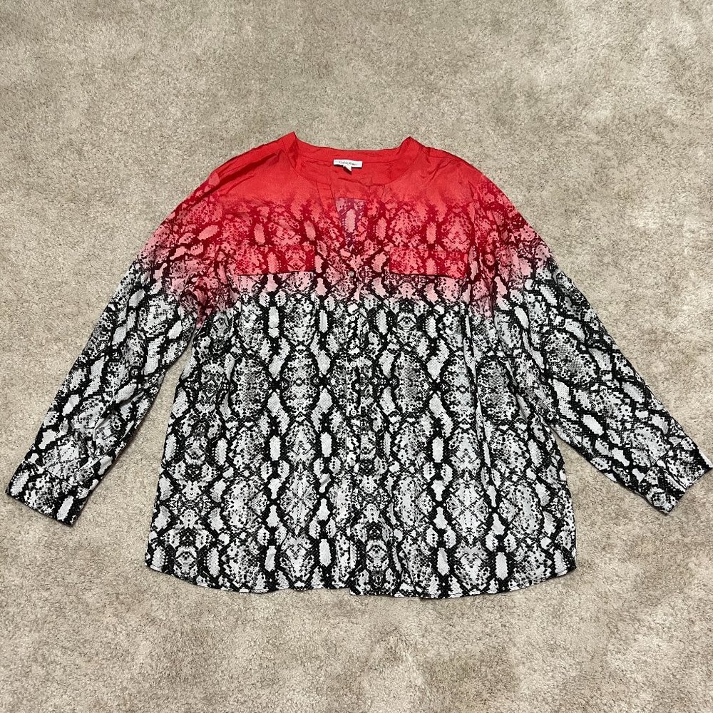 Calvin Klein Top Size 3X Button Up Coral Black White Snakeskin Print Lightweight